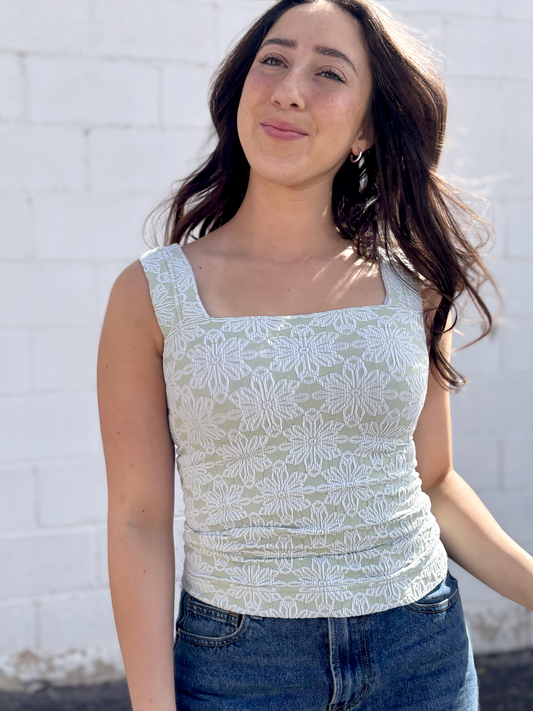 Sage green tank with floral texture over top