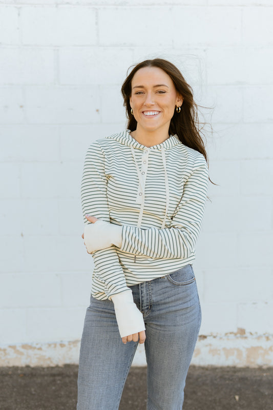 green striped henley hoodie