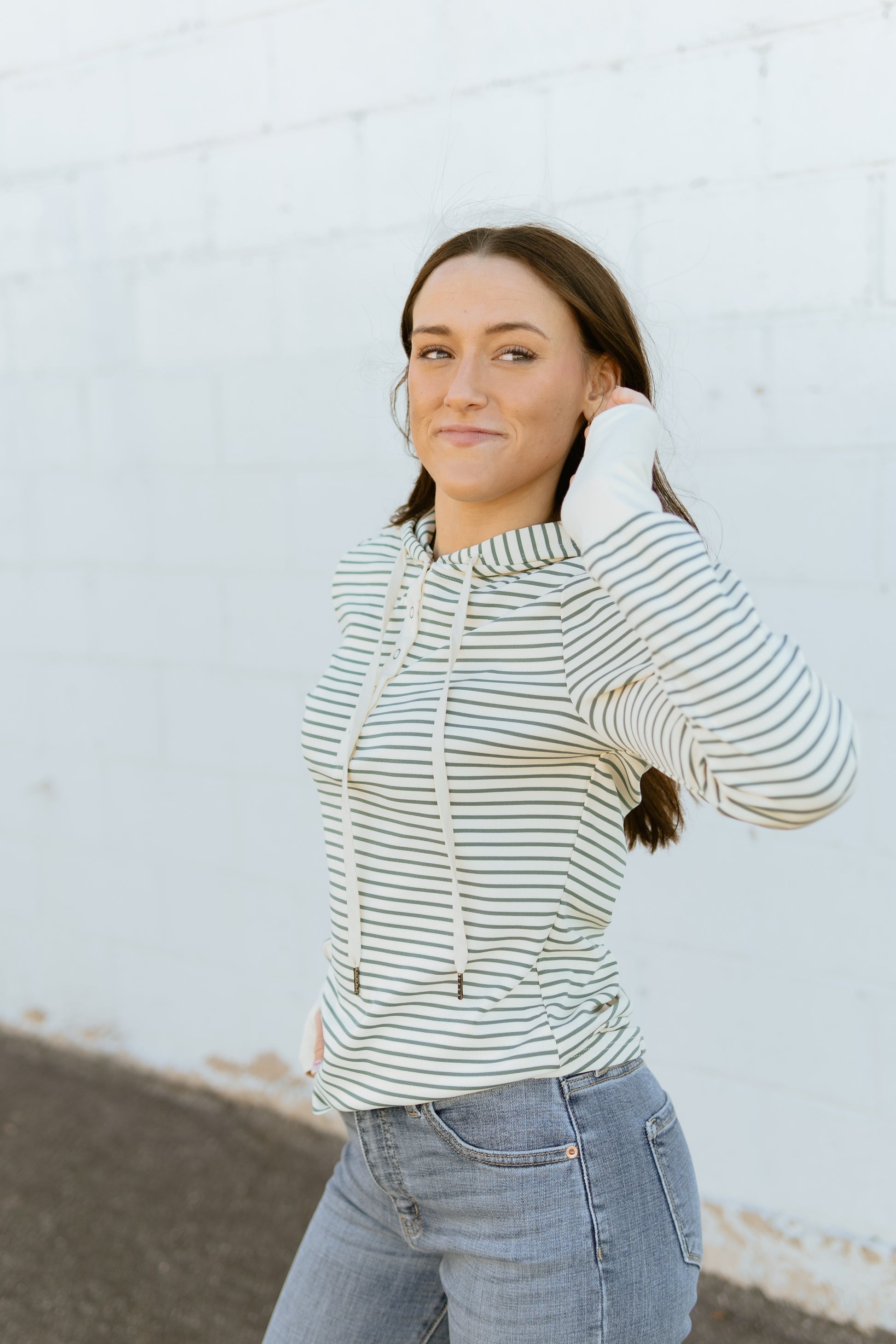 green striped henley hoodie