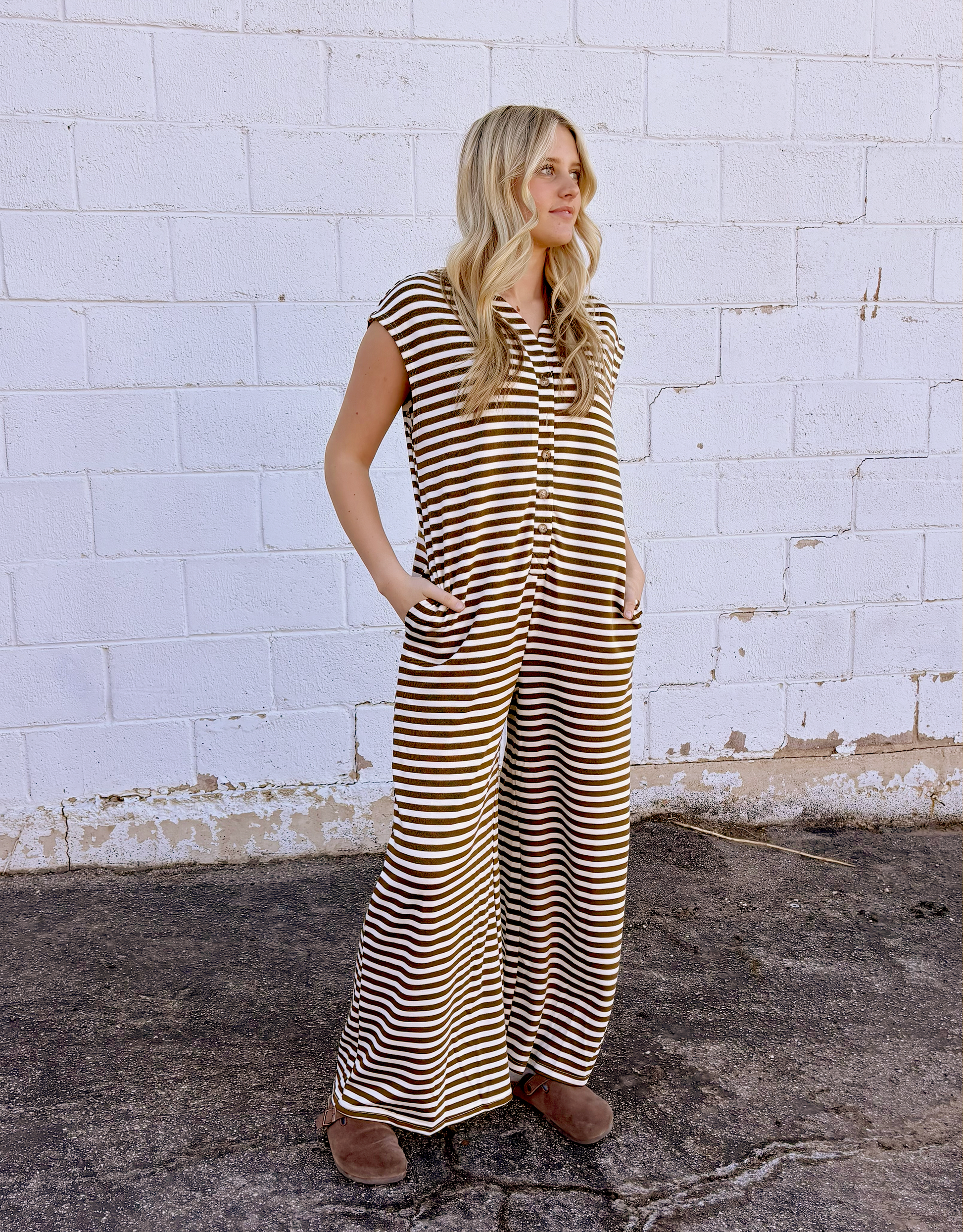 tan and ivory striped jumpsuit