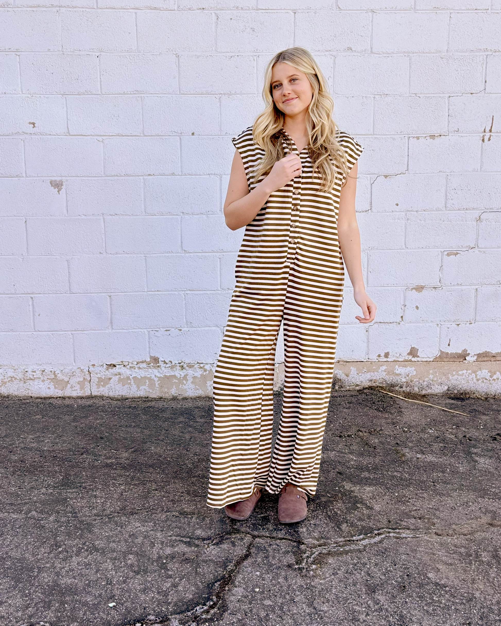 tan and ivory striped jumpsuit