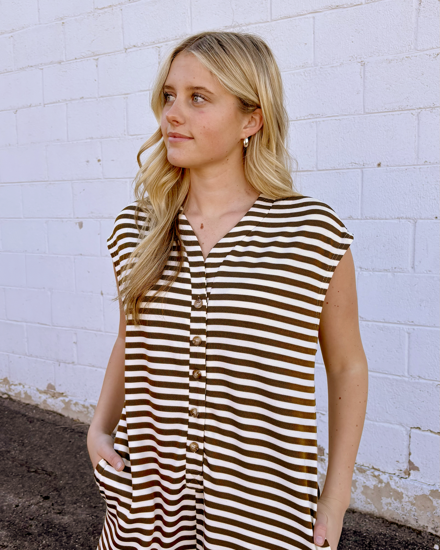 tan and ivory striped jumpsuit