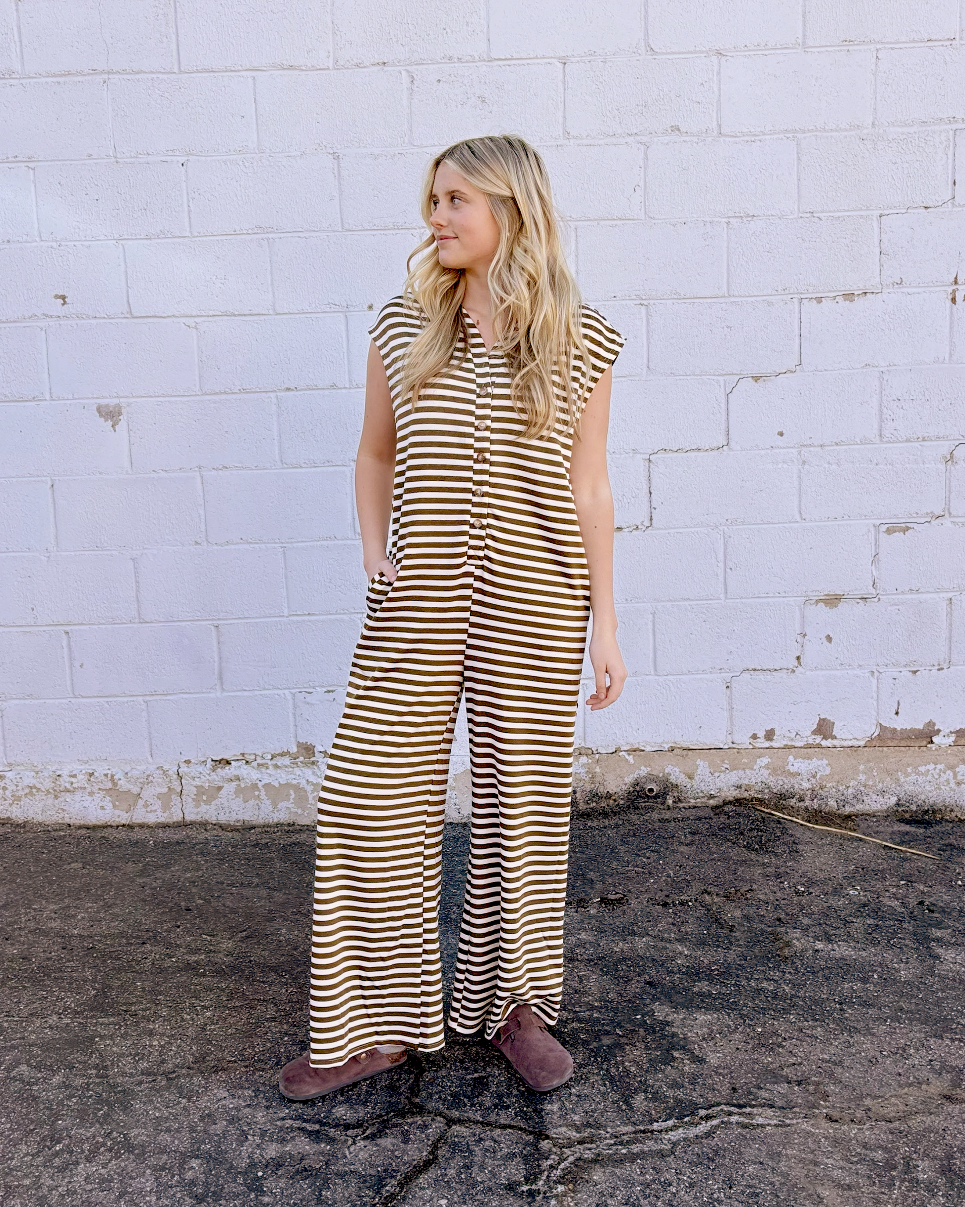 tan and ivory striped jumpsuit