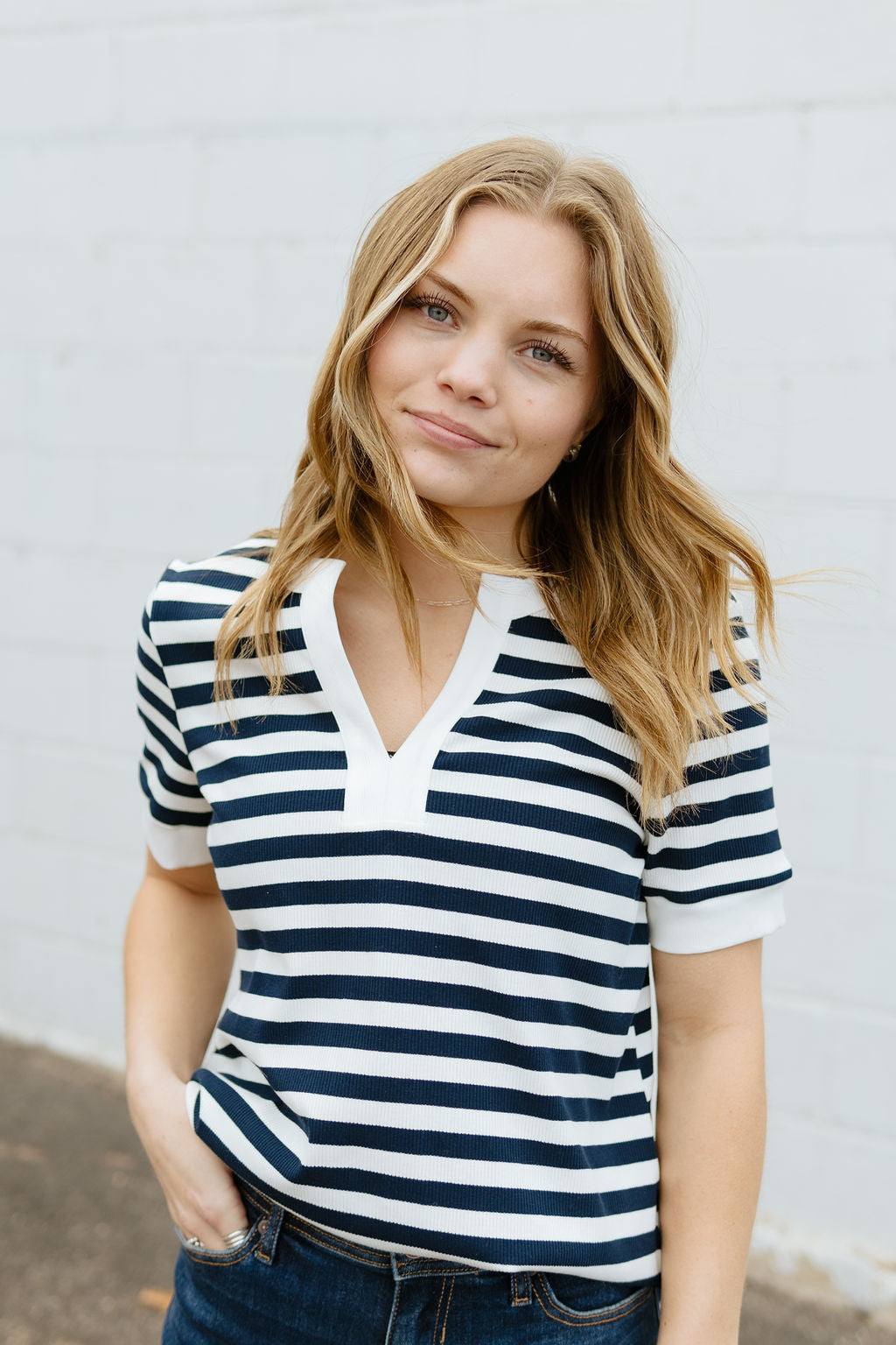 striped navy v-neck