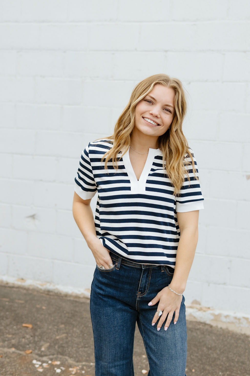 striped navy v-neck