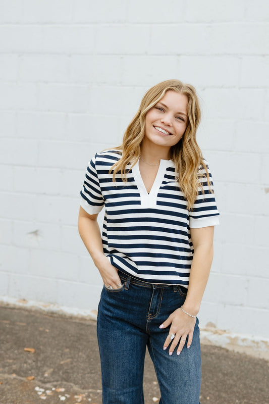 striped navy v-neck