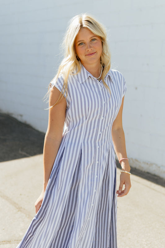 blue striped sleeveless dress