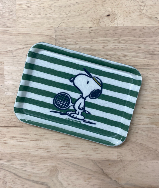 Trinket dish with stripes and Snoopy playing tennis