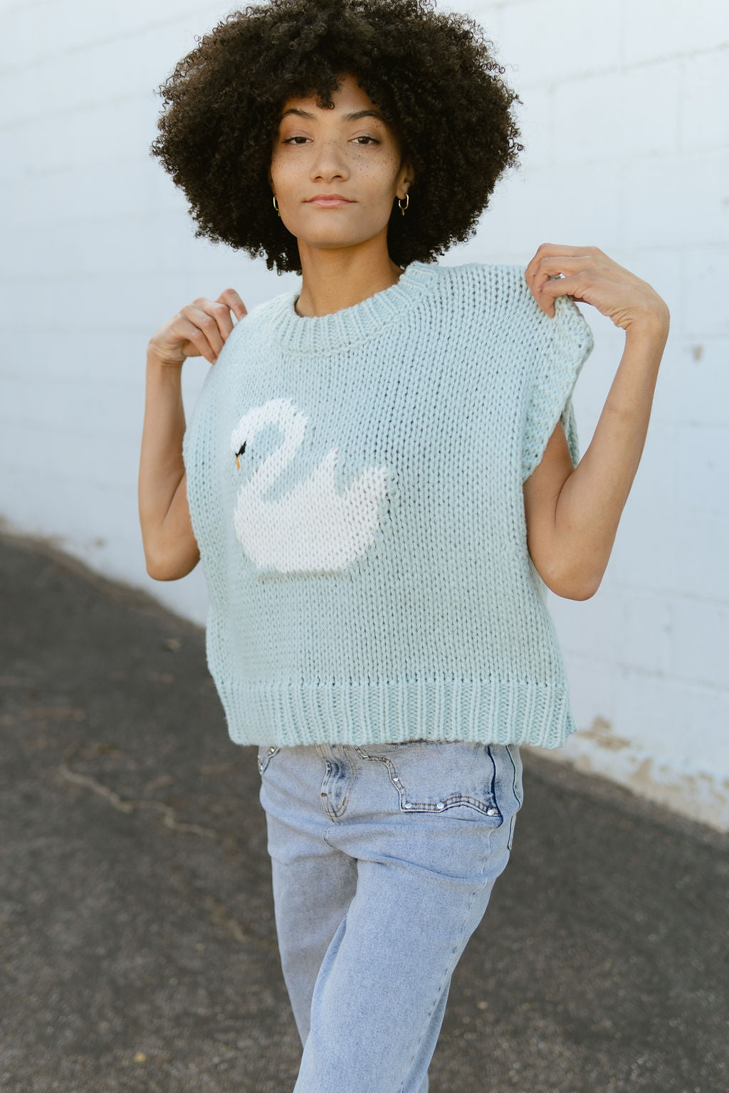 light blue sweater with swan graphic on the front