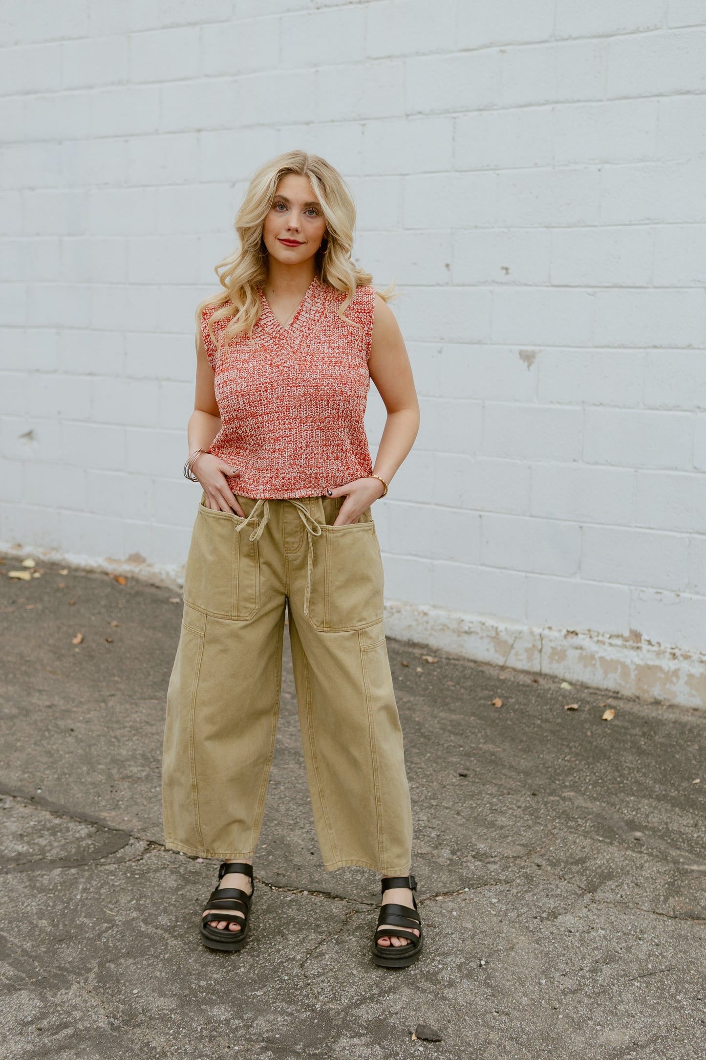 Tan barrel jeans with tie waist