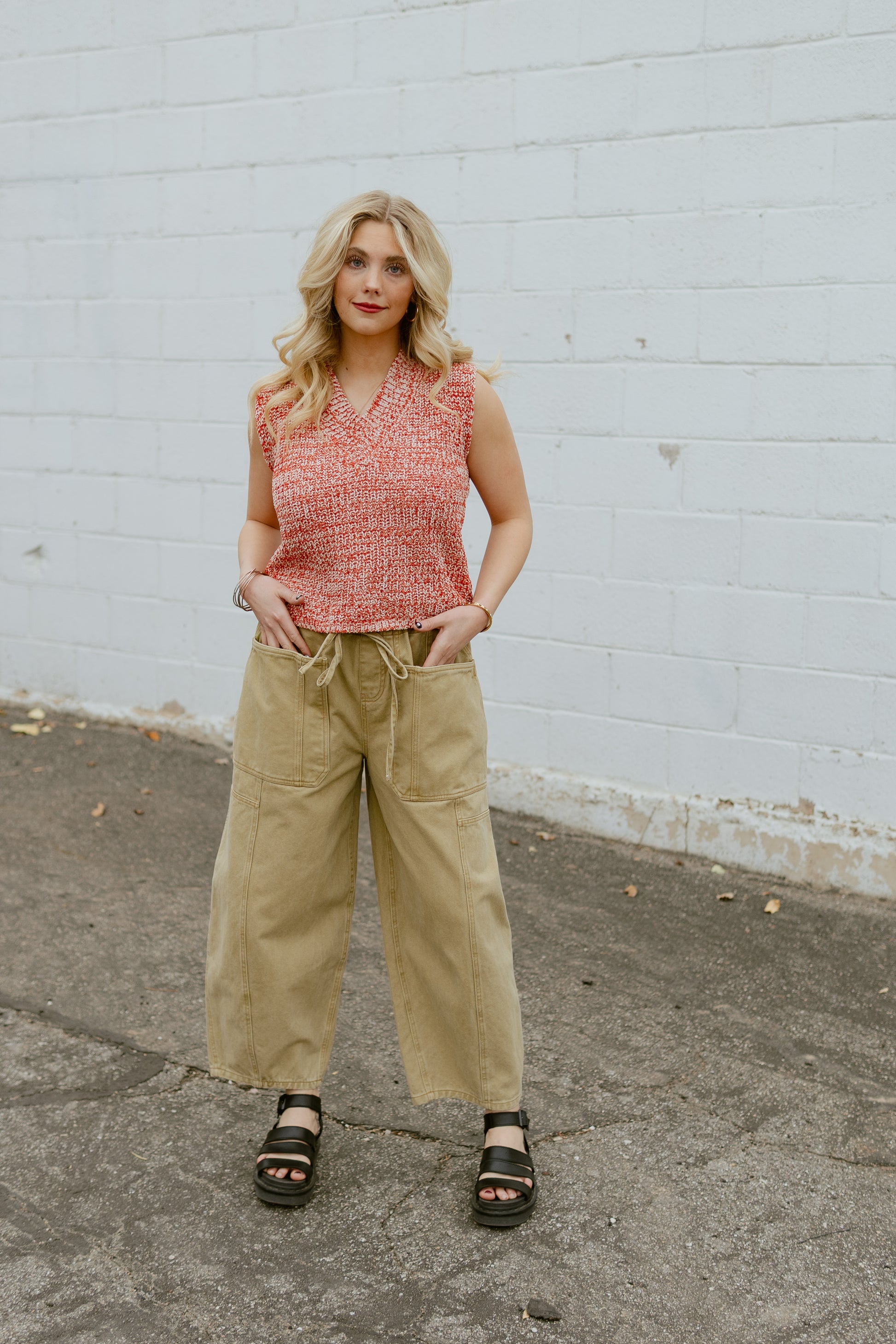 Tan barrel jeans with tie waist