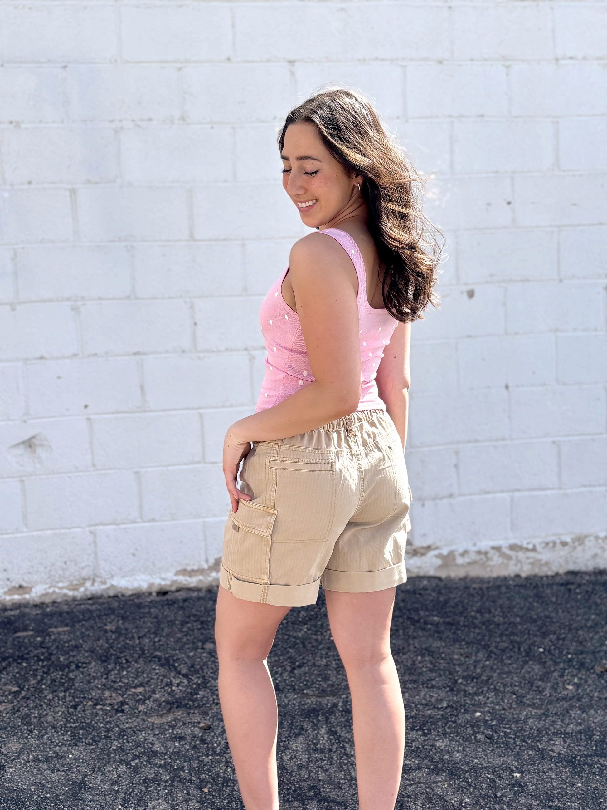 Tan cargo shorts with drawstring