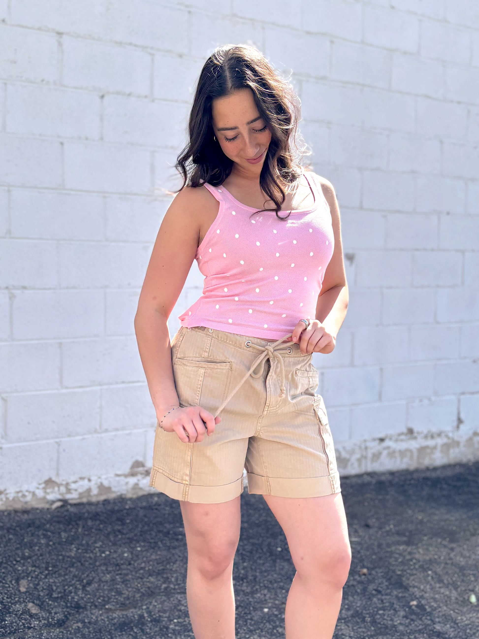 Tan cargo shorts with drawstring