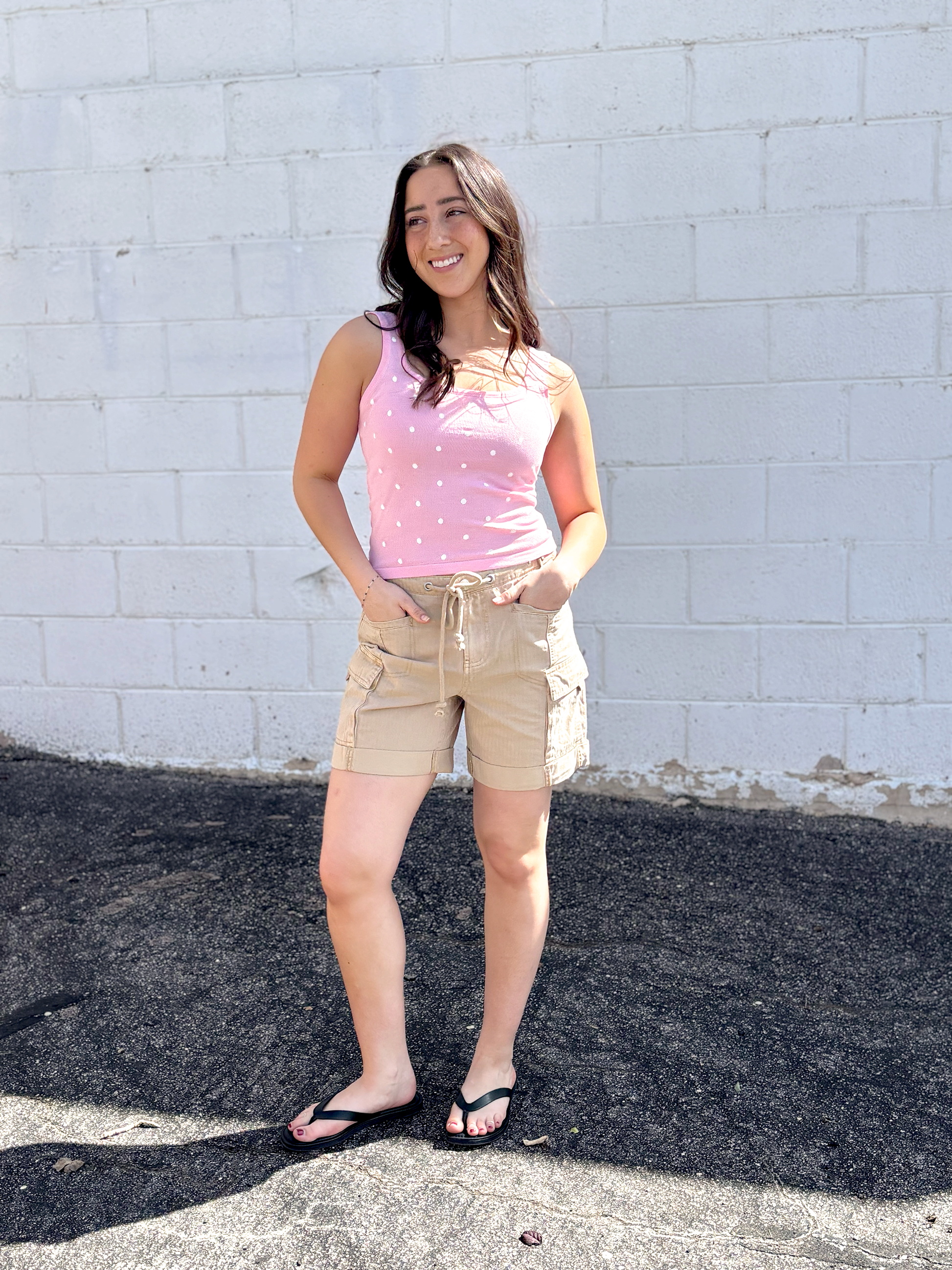 Tan cargo shorts with drawstring