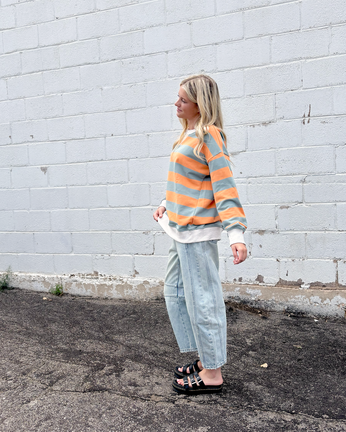 oversized sweater with orange and grey stripes, crewneck