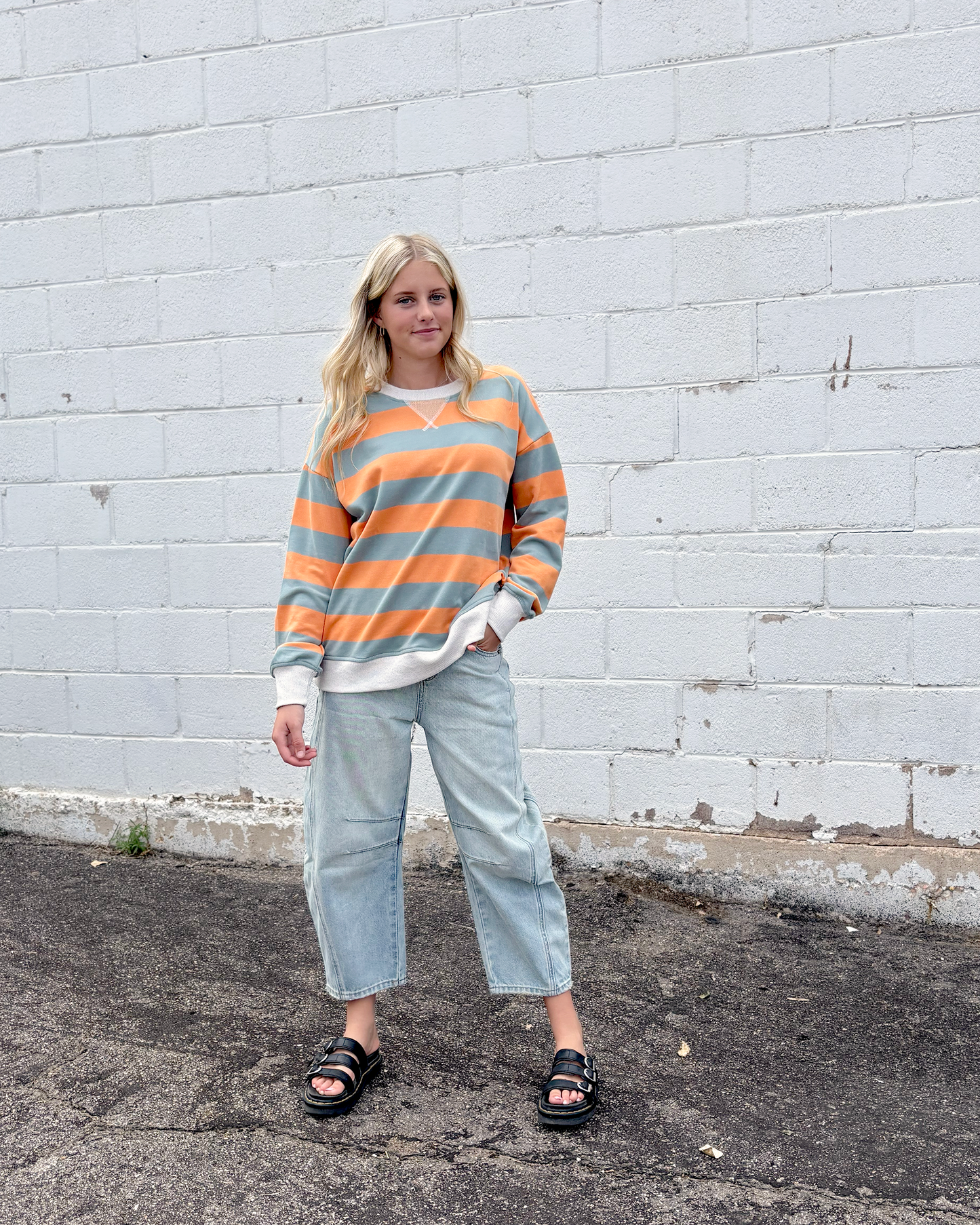 oversized sweater with orange and grey stripes, crewneck