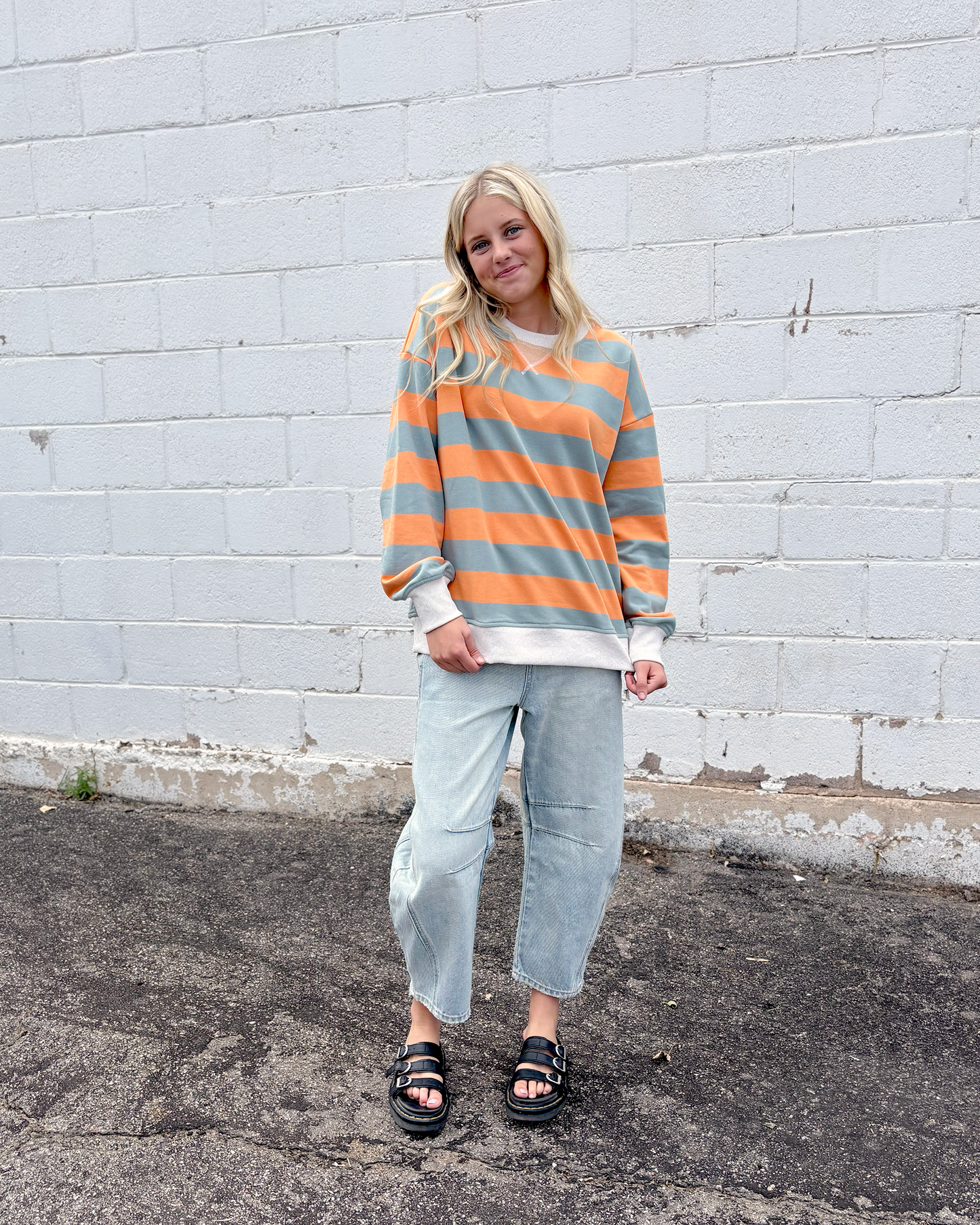 oversized sweater with orange and grey stripes, crewneck