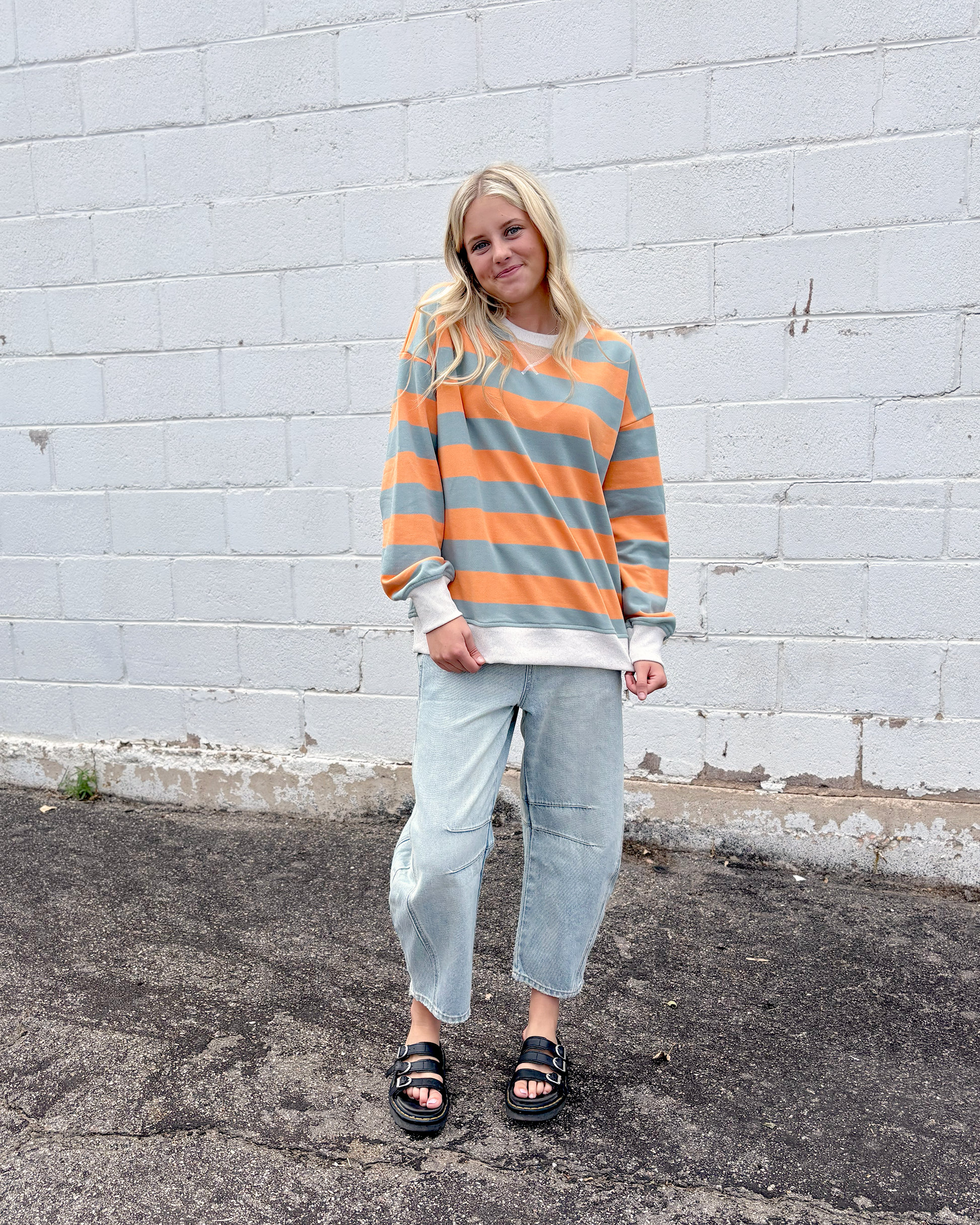 oversized sweater with orange and grey stripes, crewneck