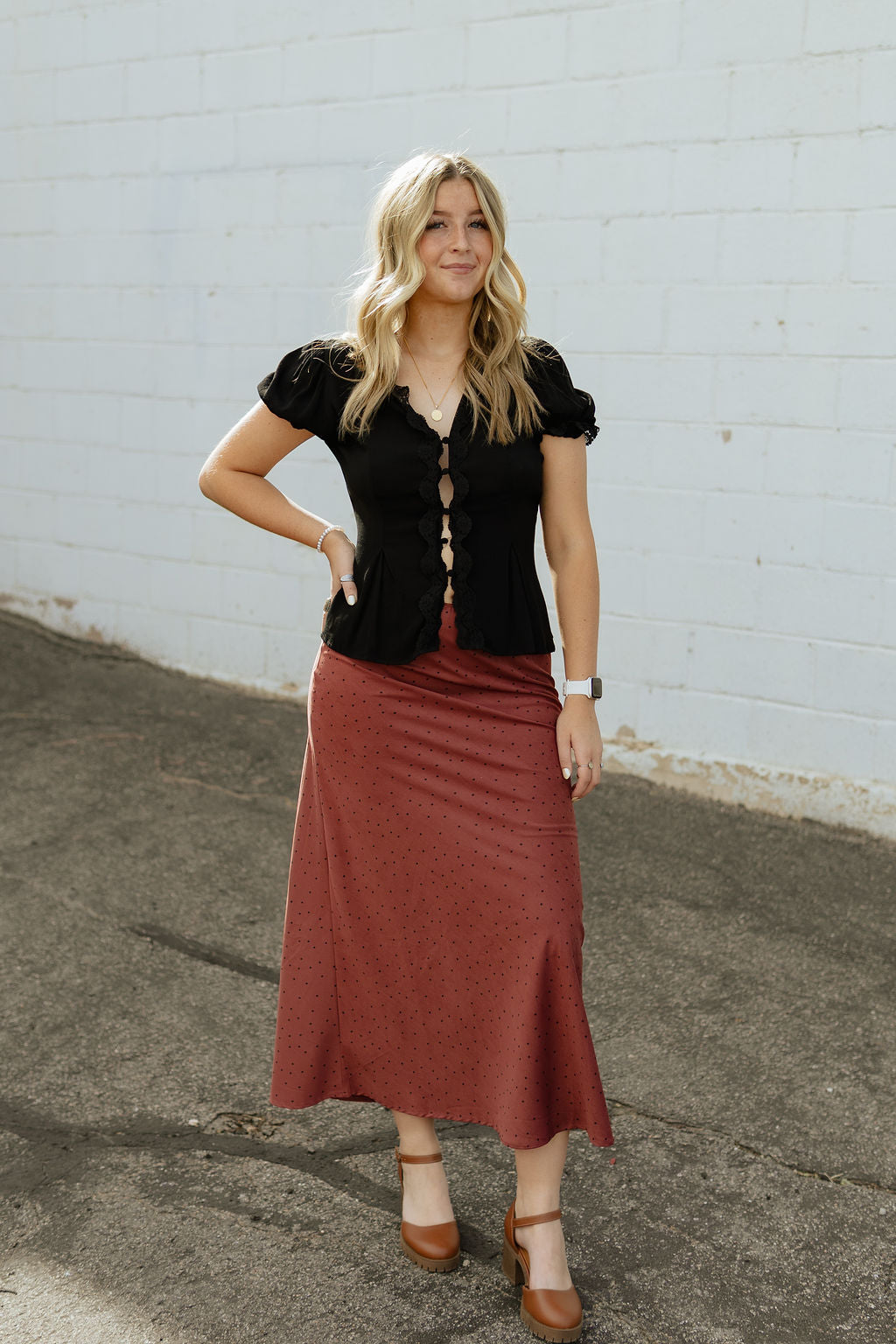 Maroon long skirt with tiny black polka dots