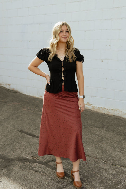 Maroon long skirt with tiny black polka dots
