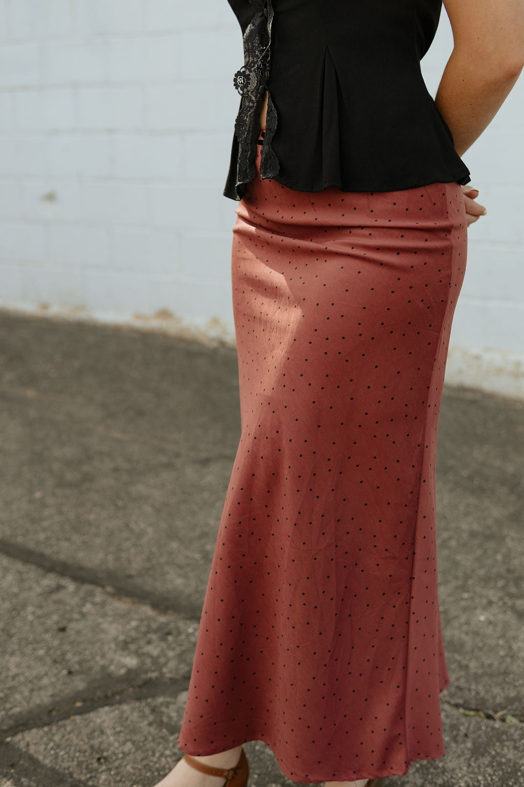 Maroon long skirt with tiny black polka dots