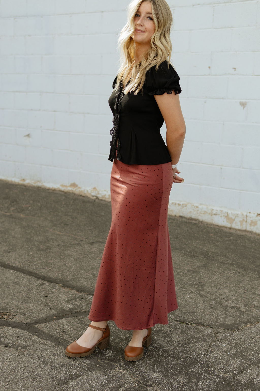 Maroon long skirt with tiny black polka dots
