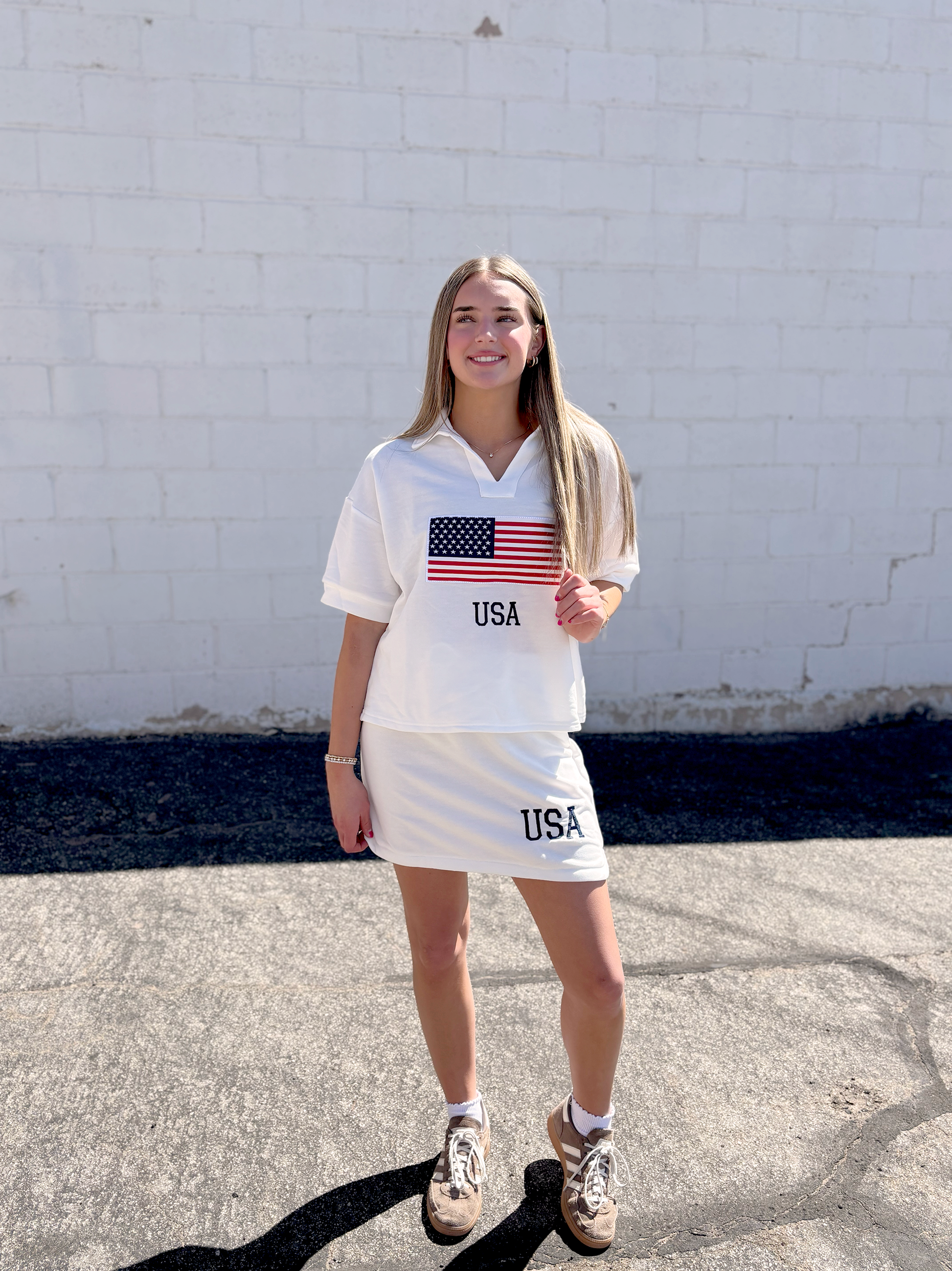 White patriotic tennis top and skirt
