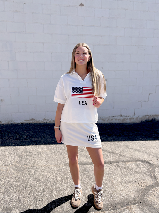 White patriotic tennis top and skirt
