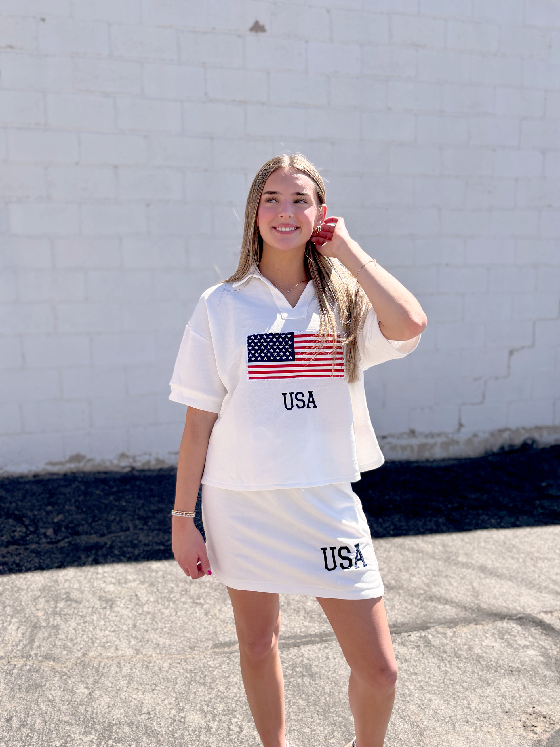 White patriotic tennis top and skirt