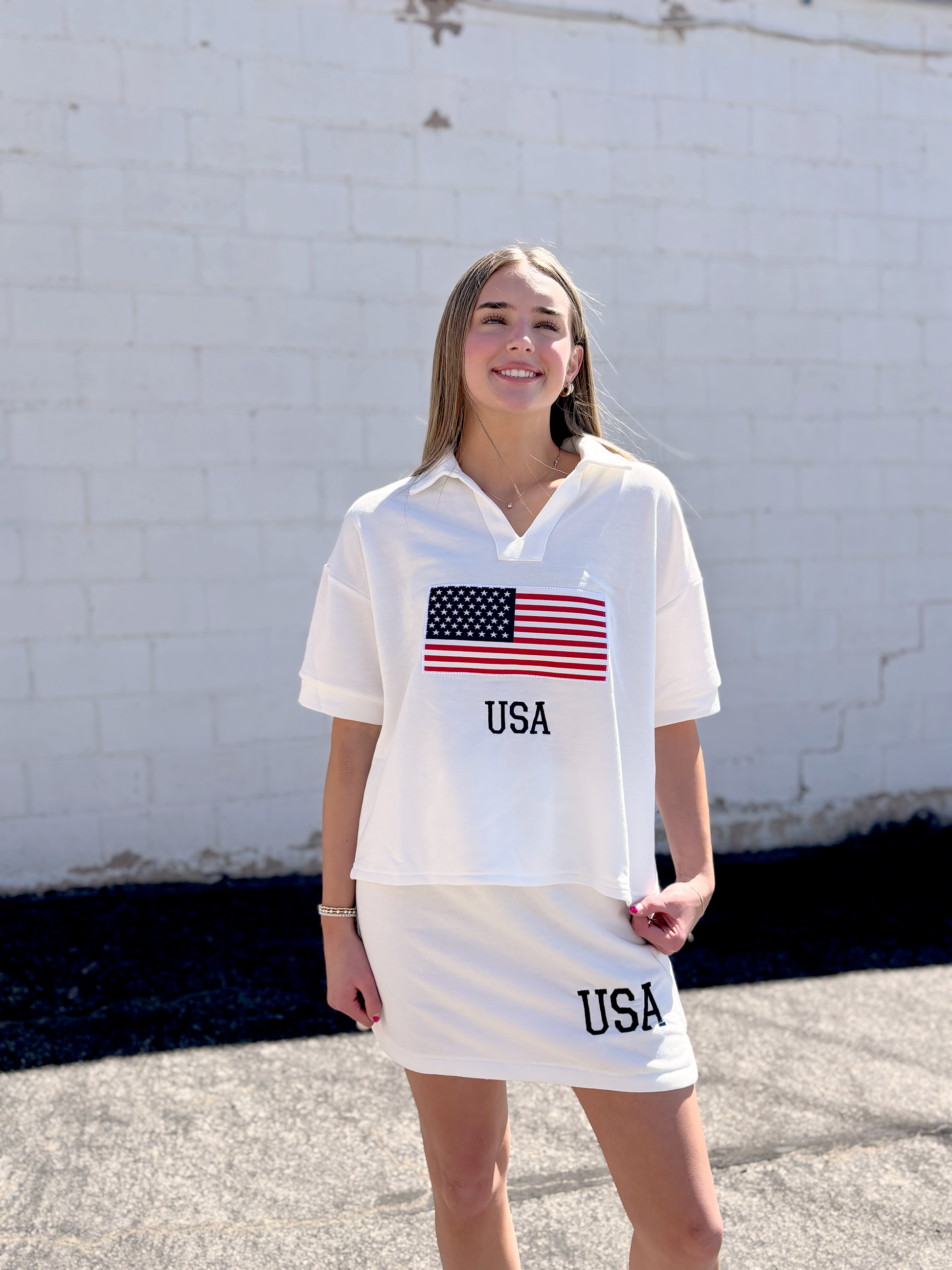 White patriotic tennis top and skirt