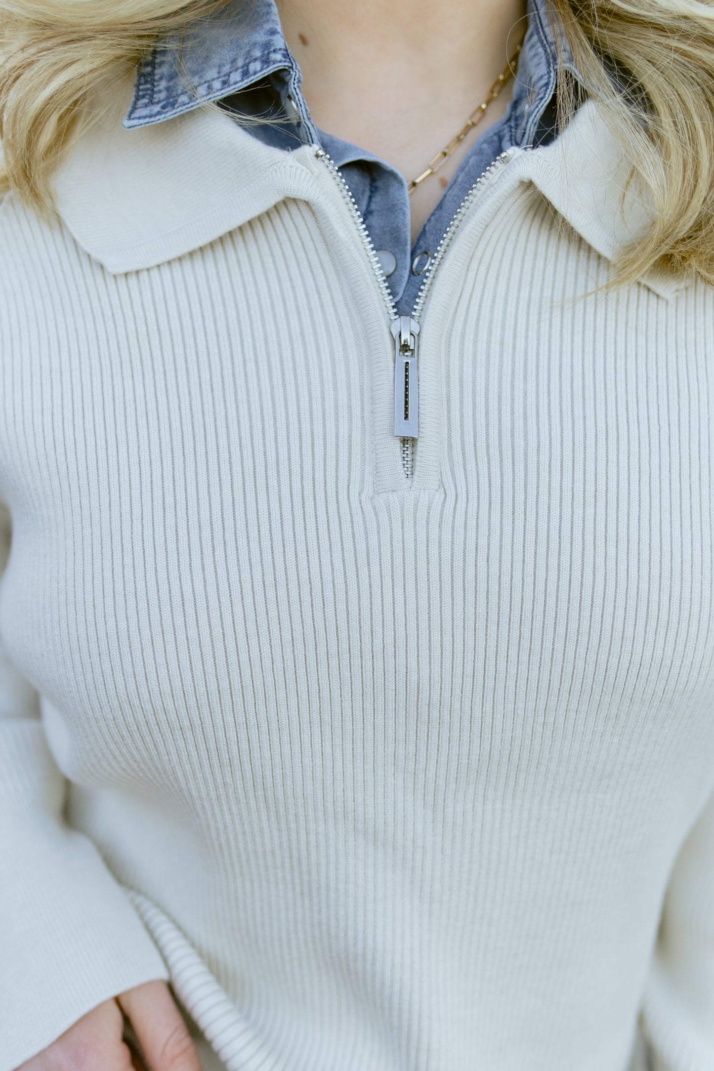 beige v neck zip up sweater