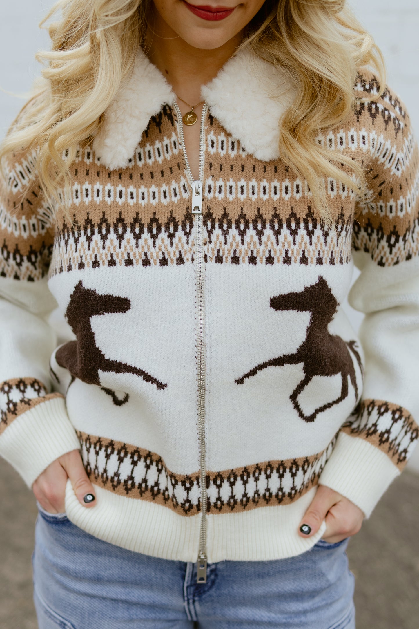 Western print zip up sweater with faux fur collar