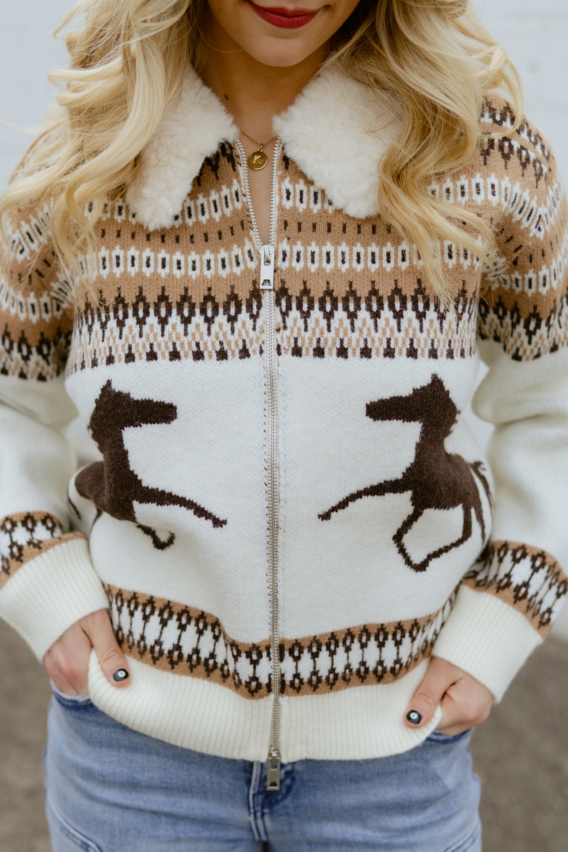 Western print zip up sweater with faux fur collar