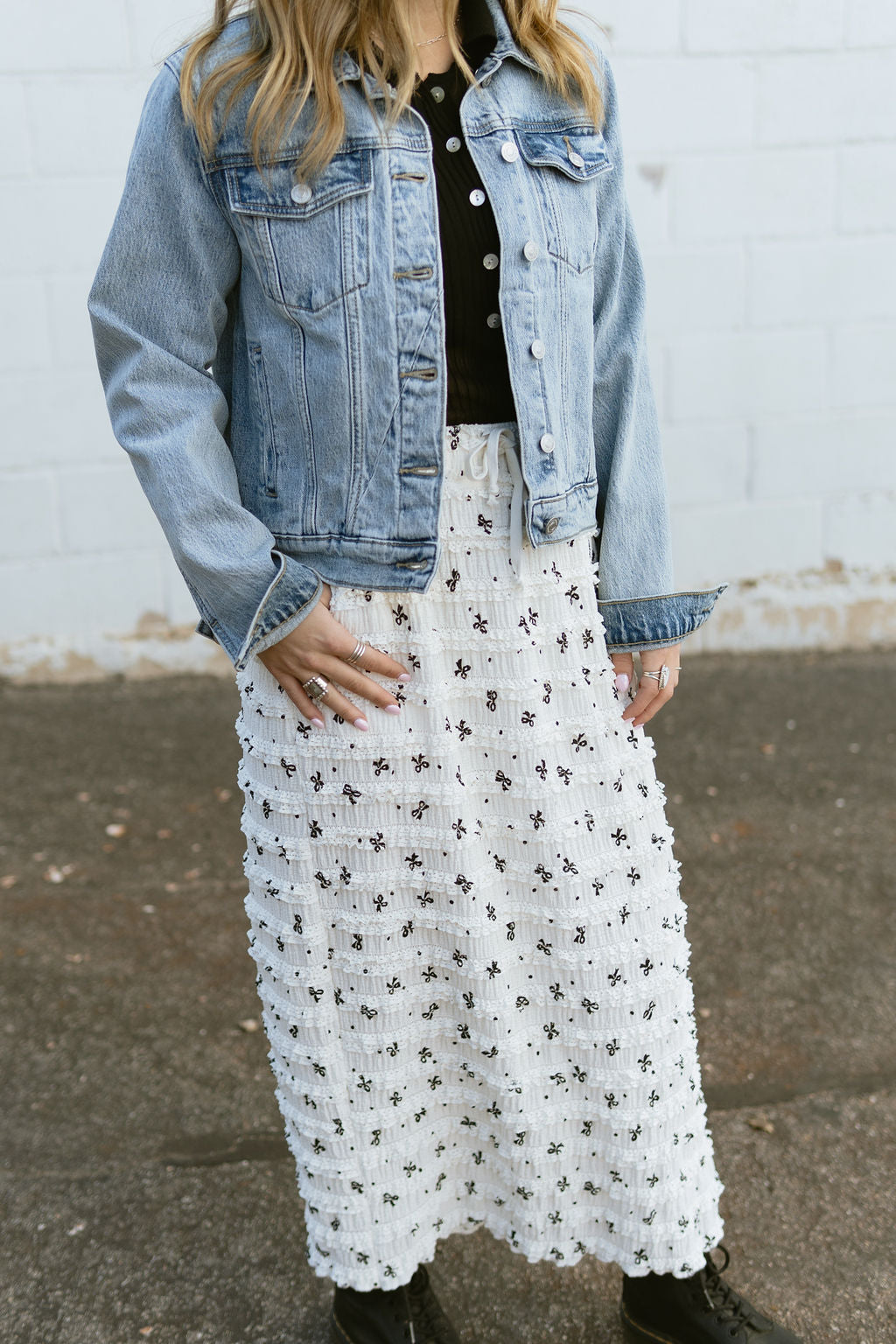 white draw string maxi skirt with ruffles