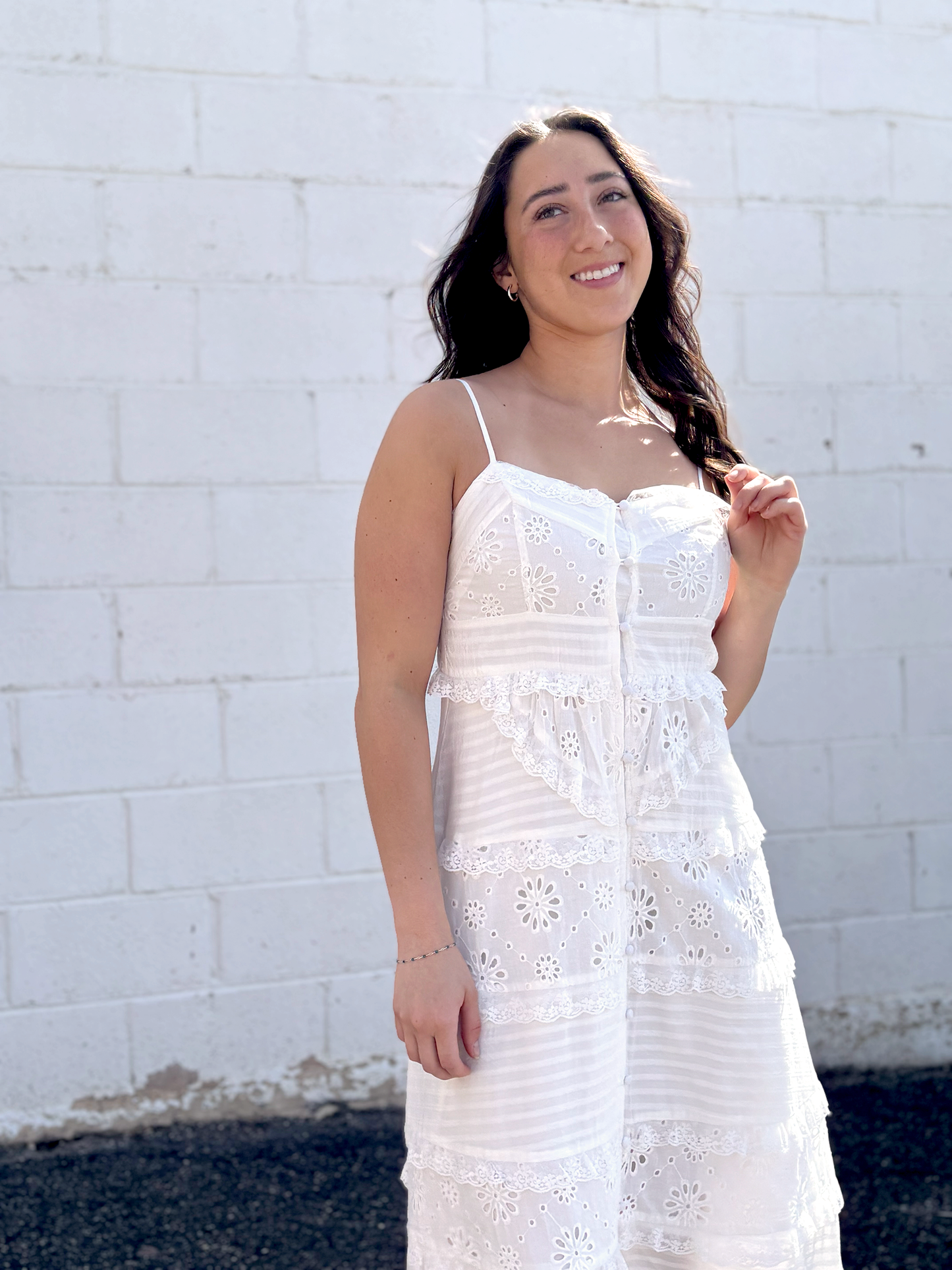 White long dress with ruffle details and spaghetti straps