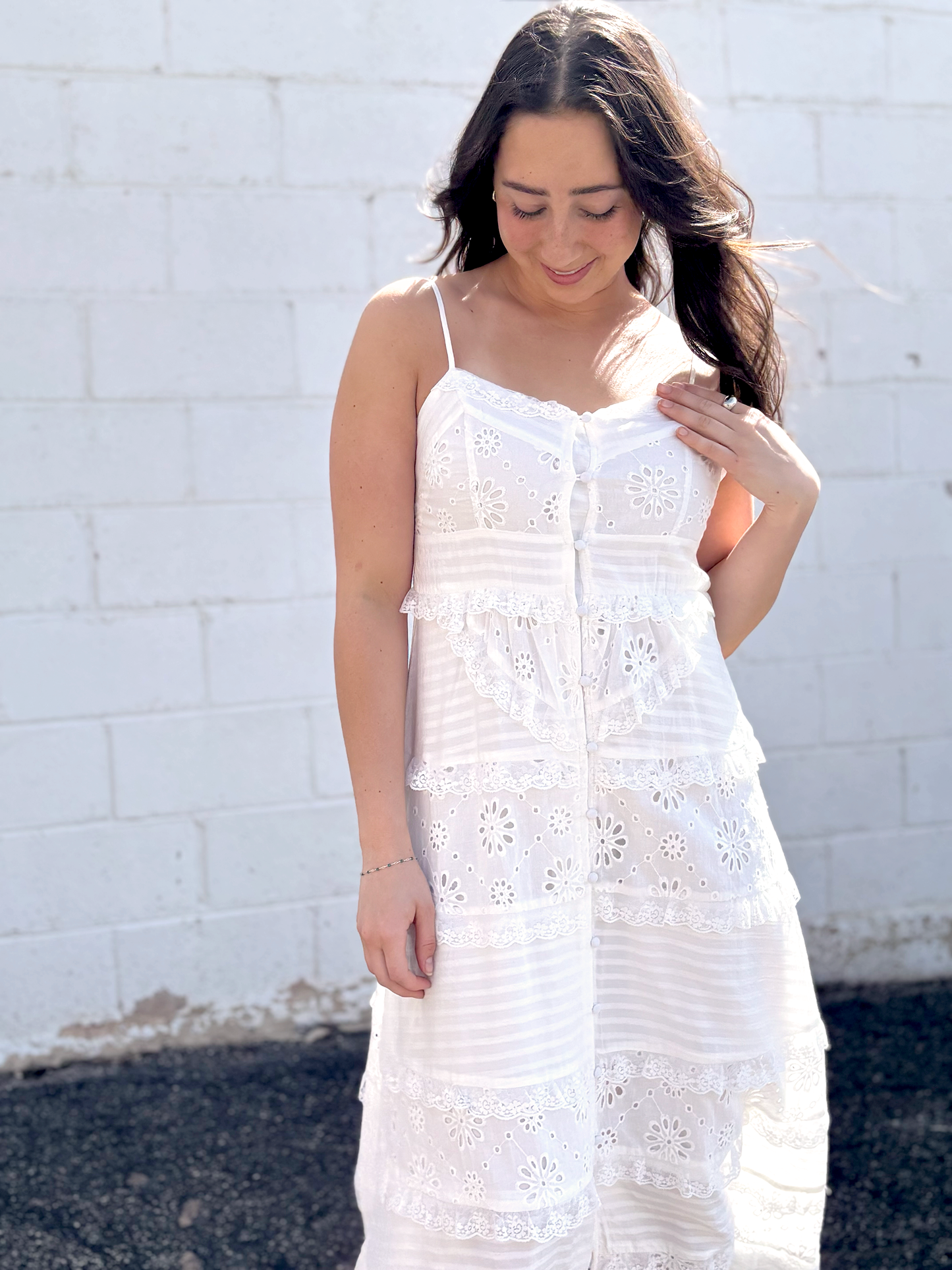 White long dress with ruffle details and spaghetti straps