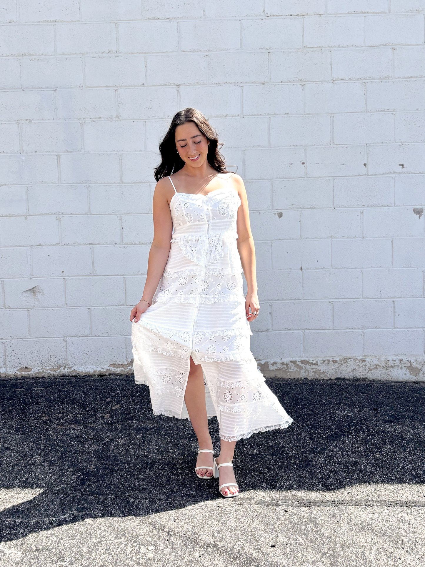 White long dress with ruffle details and spaghetti straps