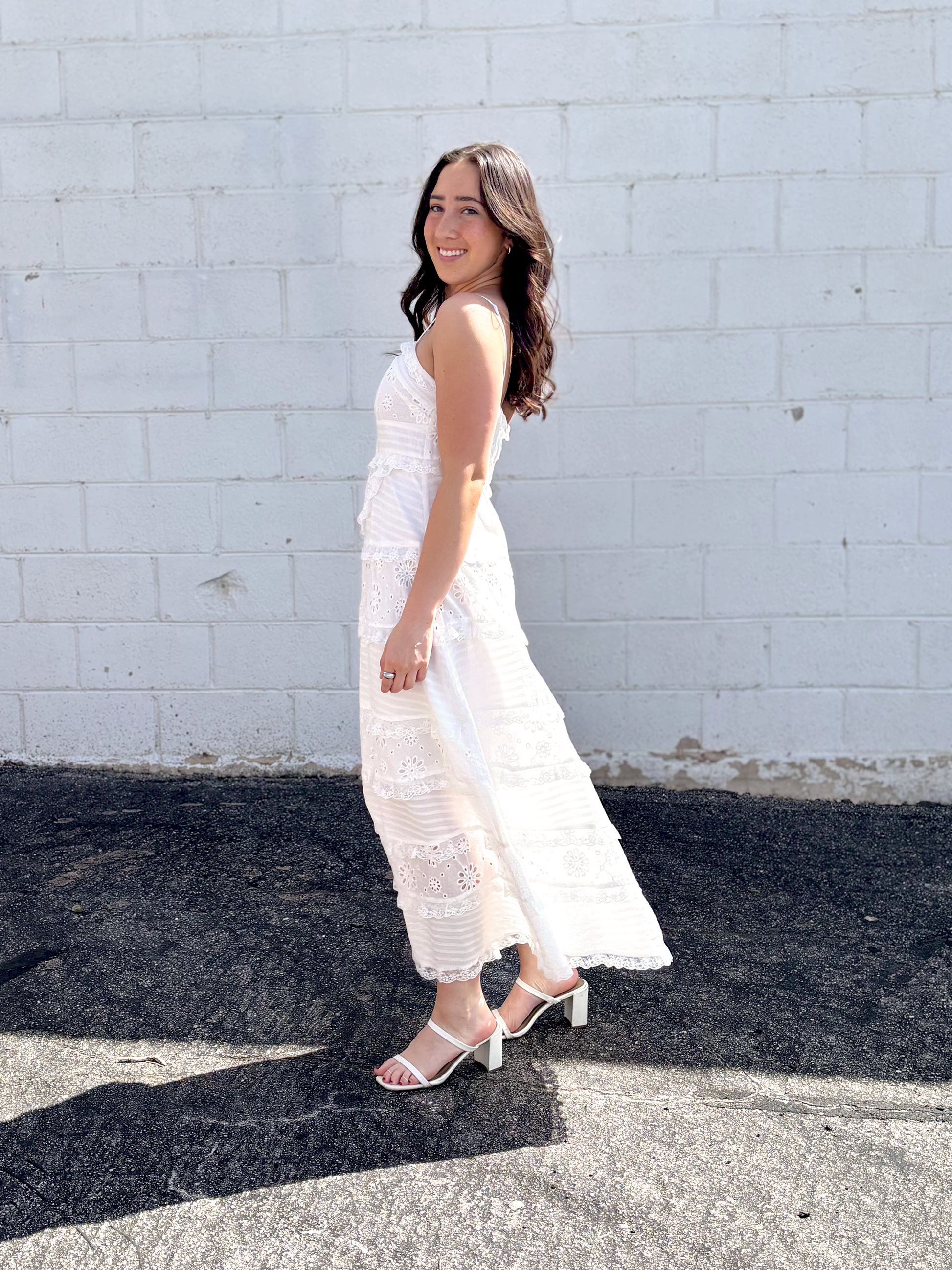 White long dress with ruffle details and spaghetti straps