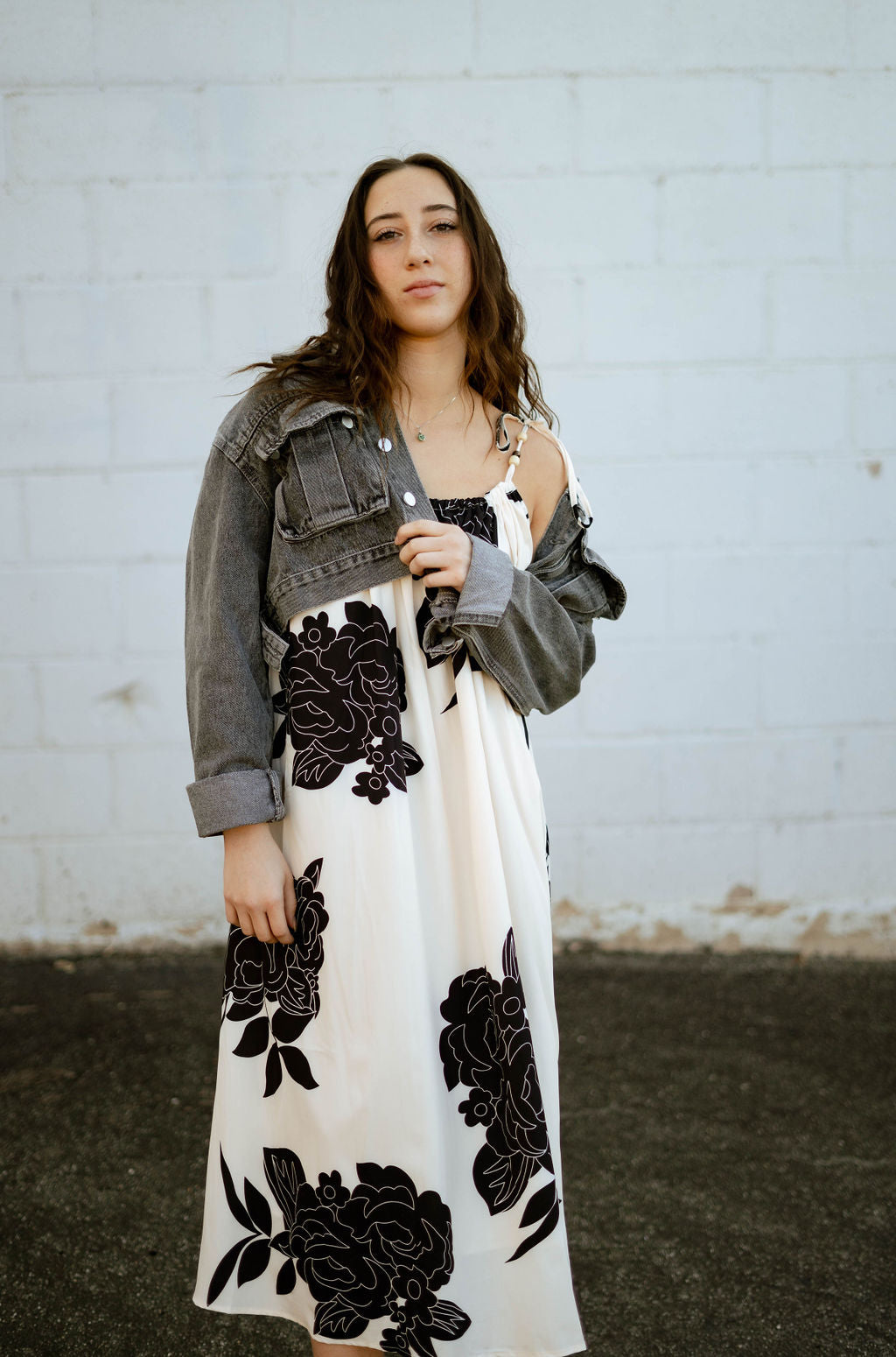 black and white floral print a-line dress