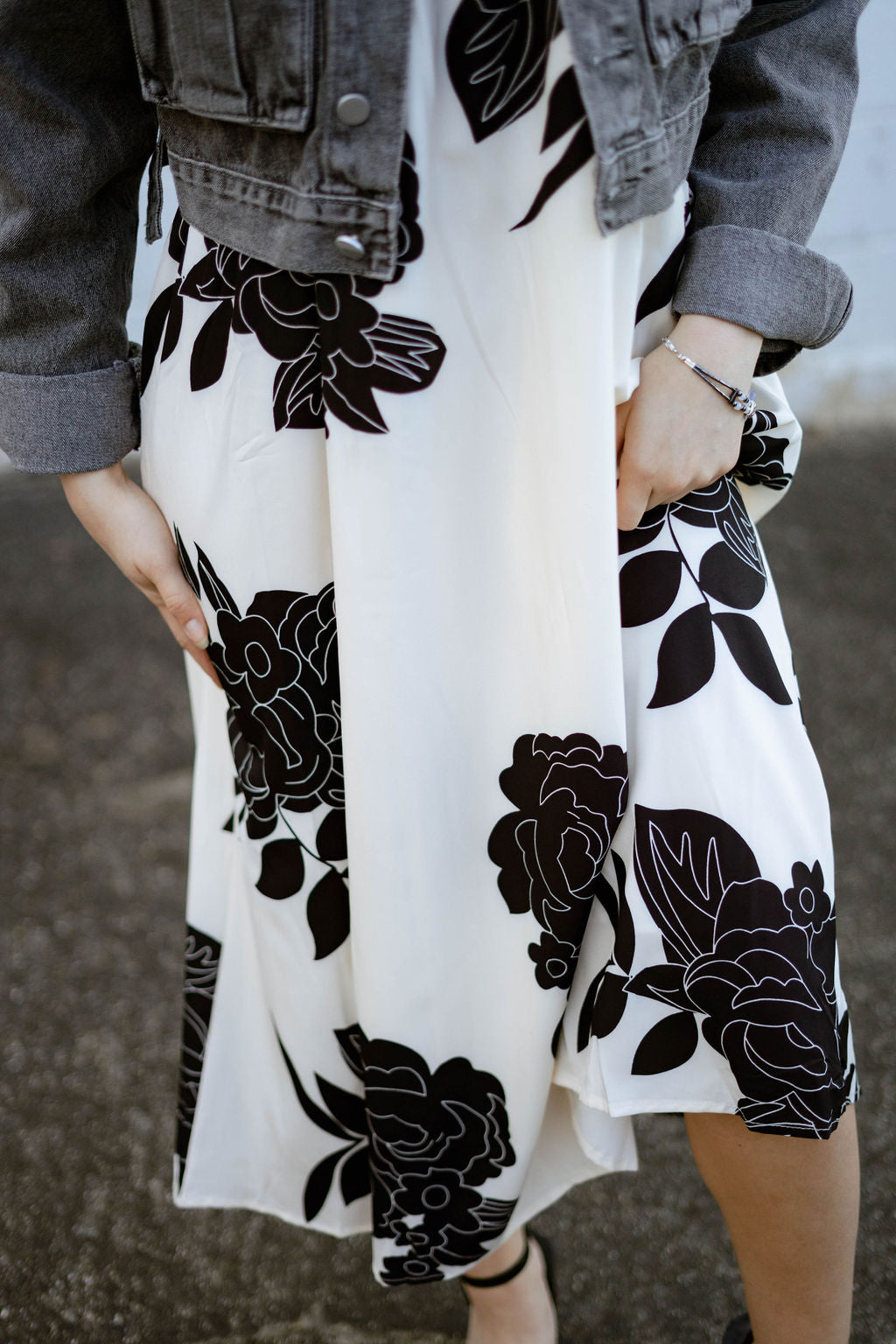 black and white floral print a-line dress