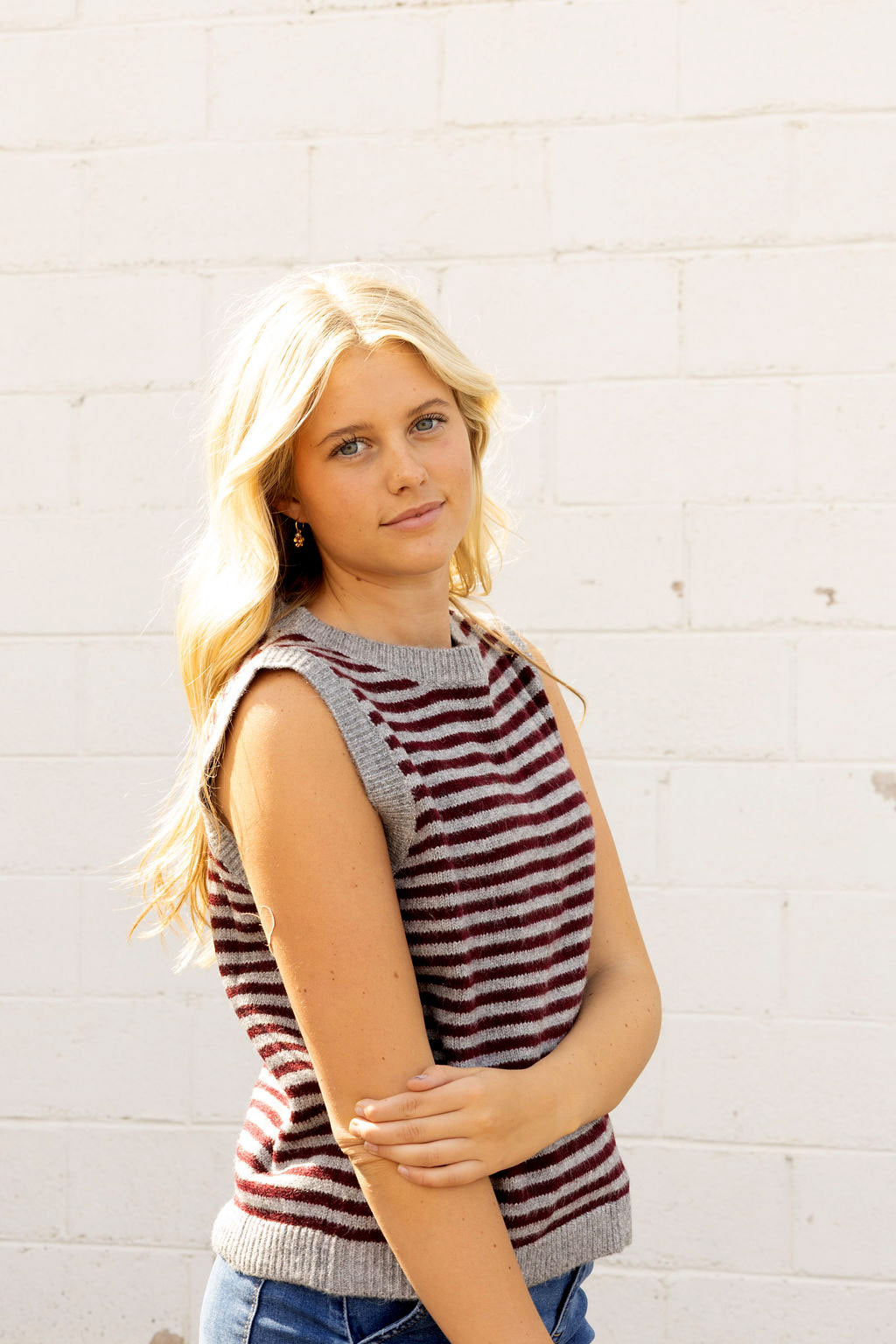 striped sweater vest. gray and maroon
