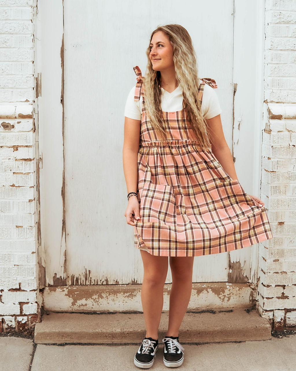 Cute pink plaid babydoll dress for spring